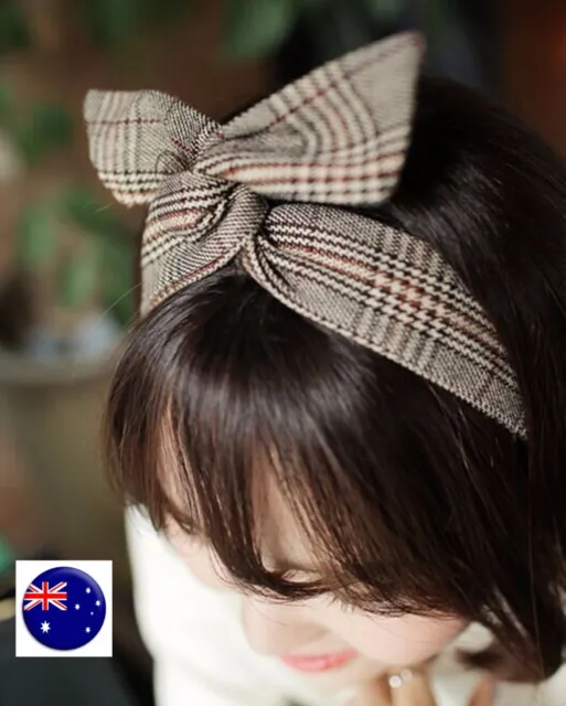 Women Girl Brown Green Check wire Bunny Hair Band Ear Bow Headband Tie up Strap