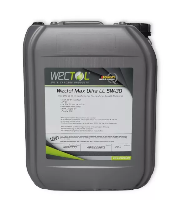 20 Liter WECTOL LONGLIFE 504/507 5W-30 MOTORÖL VW 504 50700 BMW LL-04 MB 229.51