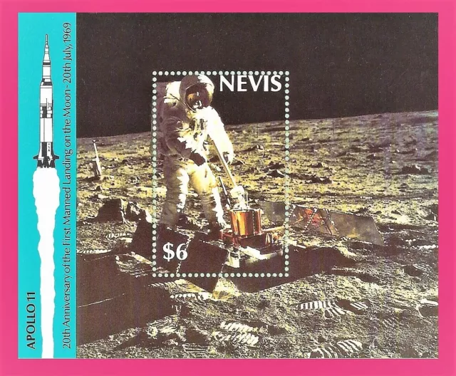 Feuille de timbre Apollo 11 Moon Landing Anniversary par Nevis 1989 MNH - 10 x 8 cm