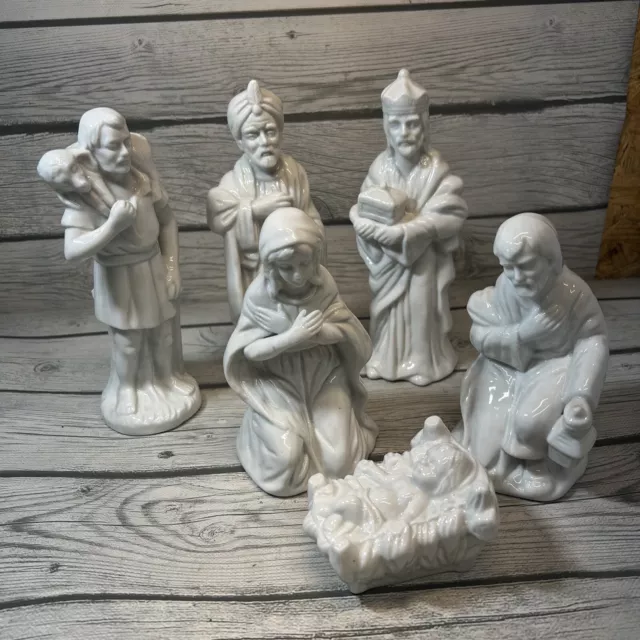 Vintage White Bisque Ceramic Nativity Baby Jesus Mary Joseph 6 Pc