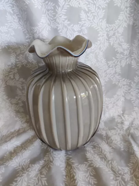 Ruffled Vase Grey With Blue Accent Melon Blown Art Glass  (Unmarked)