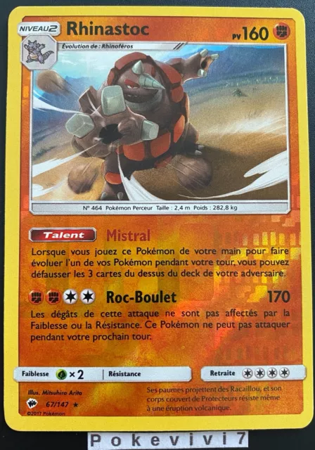 Carte Pokemon RHINASTOC 67/147 Holo REVERSE Soleil et Lune 3 SL3 FR NEUF