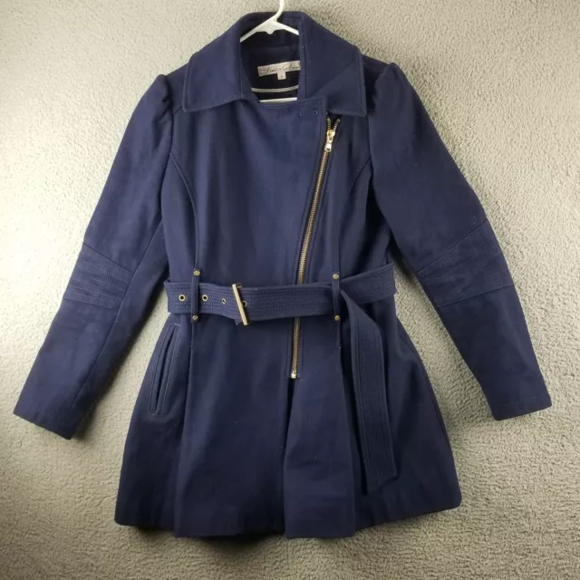 Kenneth Cole New York Trench Coat 8 Wool Blend Blue Asymmetrical Zip Sleeve Belt
