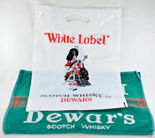 Vintage Dewars Scotch Whisky Bar Towel & White Label Highlander Carrier Bag