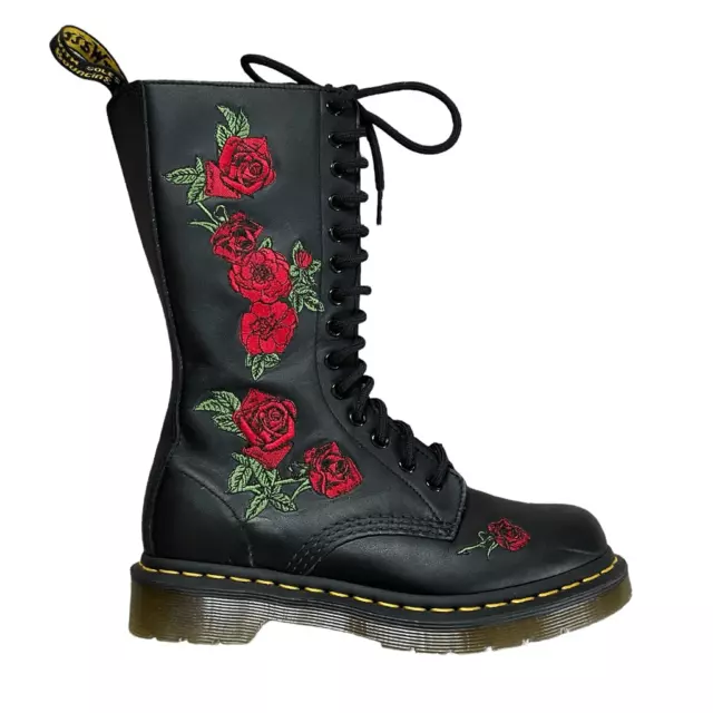 Dr. Martens Rose Embroidered 1914 Vonda Leather Combat Boots Calf Height Docs