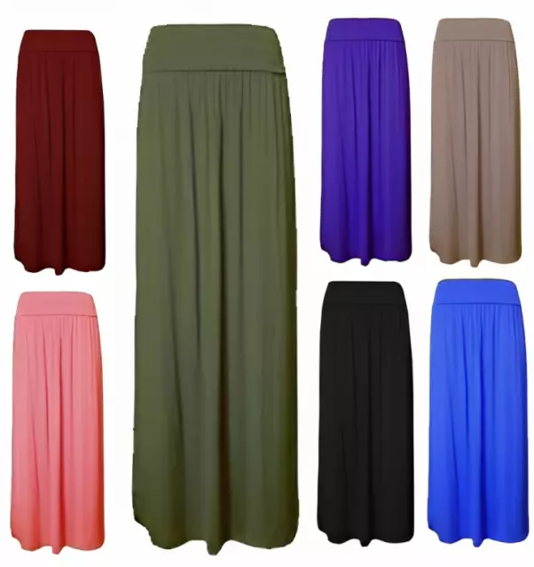 Womens Ladies Celeb Fold Over Waist Full Length Jersey Gypsy Maxi Skirt 8-26