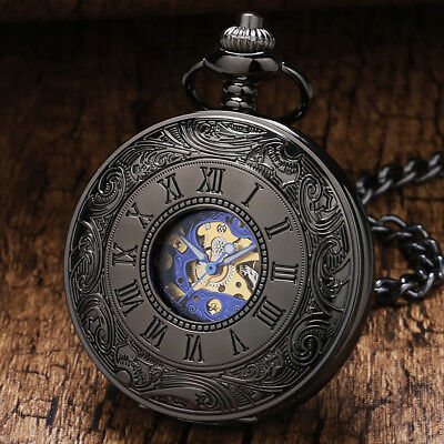 Luxury Hollow Black Case Blue Dial Skeleton Mechanical Pocket Watch FOB Chain