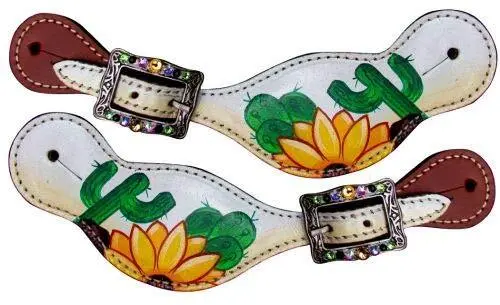 Showman Ladies Sunflower & Cactus Overlay Leather Spur Straps