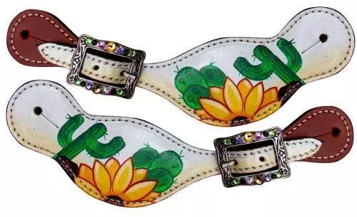 Showman Ladies Sunflower & Cactus Overlay Leather Spur Straps