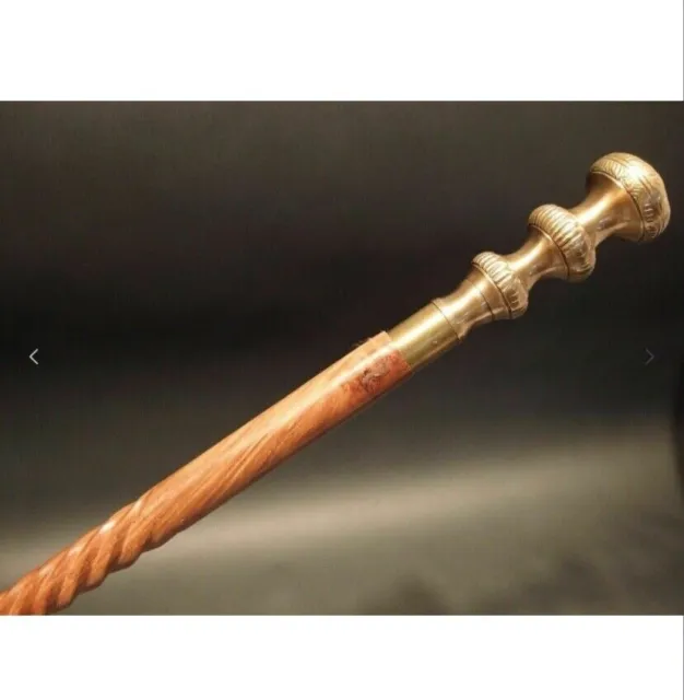 Vintage Antique Style Brass Wood Victorian Walking Stick Cane Spiral carved 37"