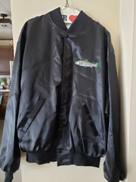 Vintage Embroidered Fish  Satin Bomber Jacket Size XL Black Made In USA
