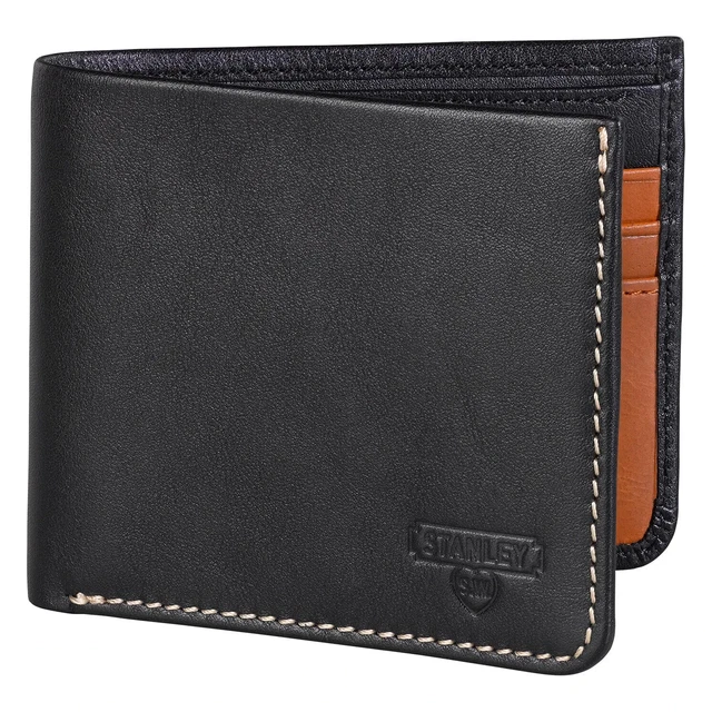 NEW STANLEY TOOLS Black & Tan Leather BiFold Wallet With Metal