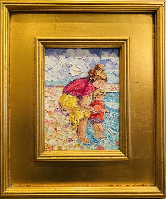 KADLIC ORIGINAL OIL Painting Impressionist Beach Mother Child Boy Gold