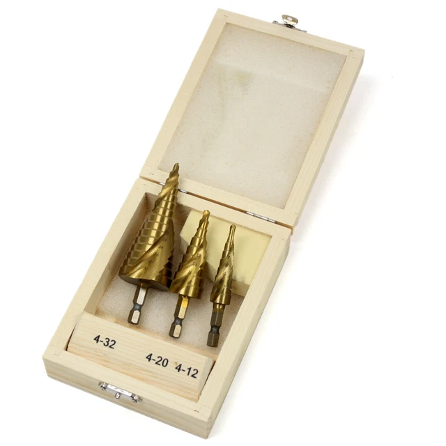 3pc Spiral Grooved Step Drill Bit Hex Shank Titanium HSS Industrial Reamer Set