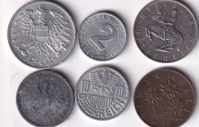 6 Austria coins, 2 groschen, 10 groschen, 1 and 5 schilling, 1947- 1990