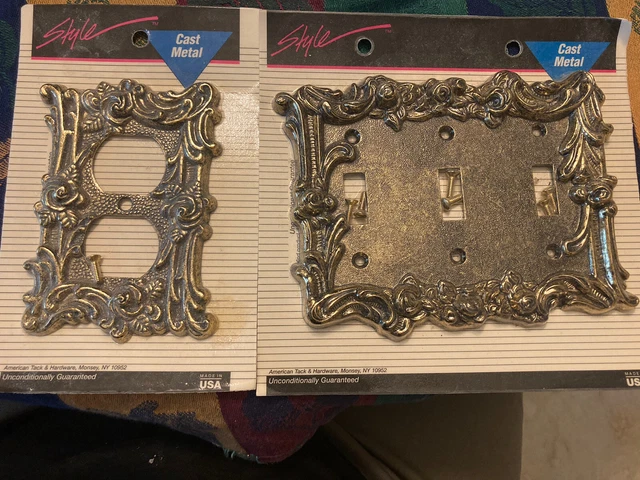 New Heavy Solid Brass Metal Wall Plate Outlet Cover & Double Light Switch Floral