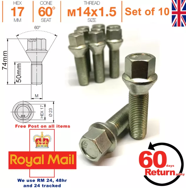 Auto Alufelge Schrauben M14x1.5 50 mm verlängertes Gewinde Kegel für MG 10er Satz