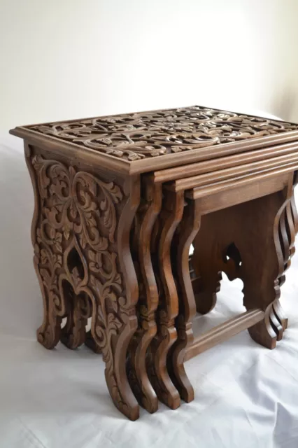 Hand Carved Nesting Table Set, Set of 4 Walnut Wood Coffee End Tables