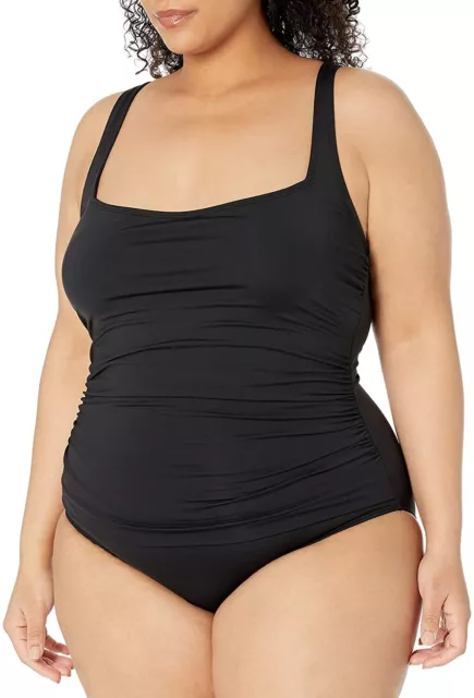 Anne Cole BLACK Plus Square Neck Shirred One Piece Swimsuit, US 18W