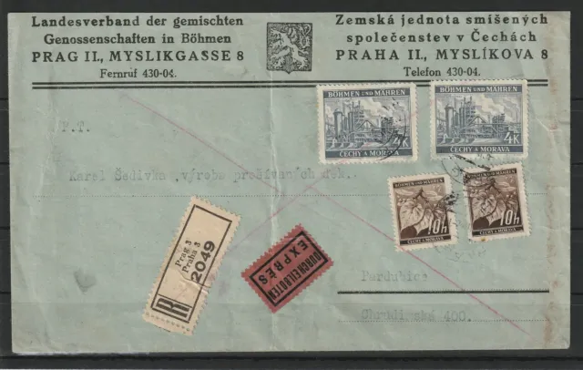 Böhmen und Mähren Express R-Brief Prag - Pardubica, 1942