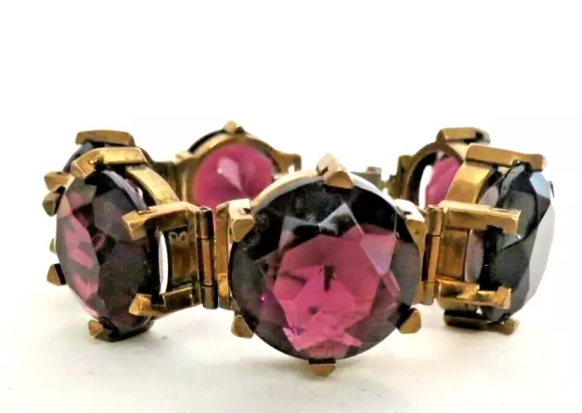 Art Deco CZECH Huge Faceted Amethyst Glass Wide Link BRACELET 7.5" EXQUISITE! 3