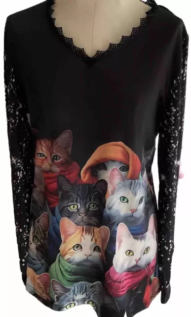 Cat Lover Womens Shirt Long Sleeve Top Black Multicolored V Neck Lace Large New!