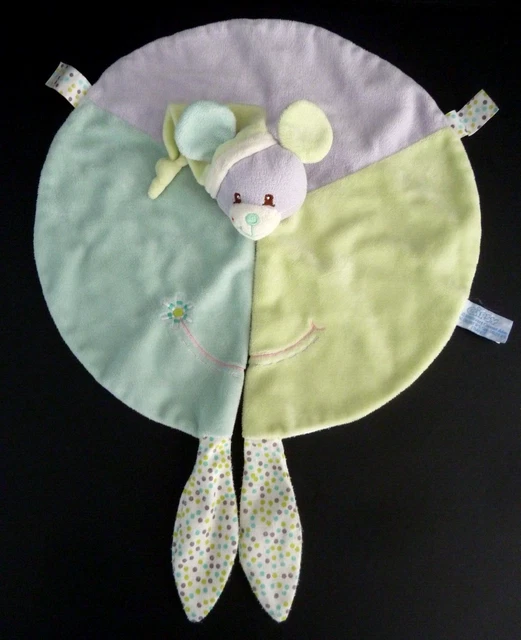 TT. DOUDOU PLAT GIPSY SOURIS vert bleu gris blanc fleur pois , rond - TBE