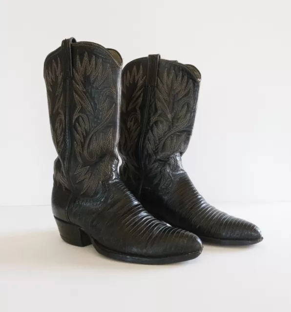 Vintage 70's DAN POST Mens 9.5D Black Exotic Teju Lizard Western Cowboy Boots