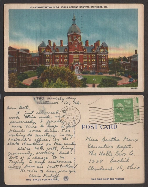 1951 Maryland Postcard - Baltimore - Johns Hopkins Hospital Admin Building