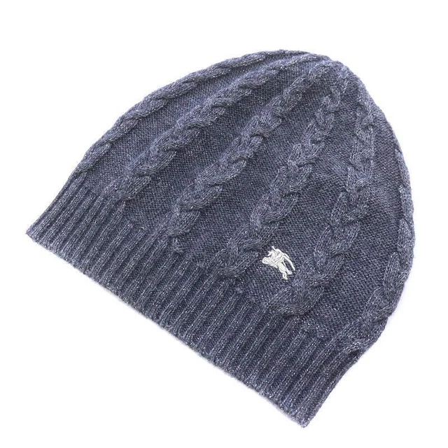 Burberry Blue Label Knit Hat Watch Cap Lame Logo Embroidery Wool Blend Alpaca Gr