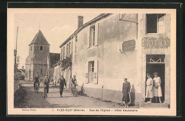 CPA Flez-Cuzy, Hotel Keukelaire, Rue de l´Eglise