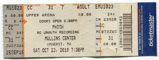 Vintage 2010 Phish Full Untorn Concert Ticket Stub Amherst MA