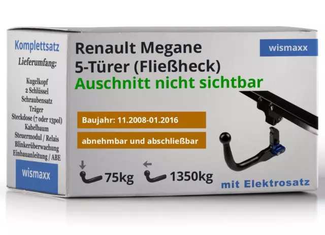 ANHÄNGERKUPPLUNG für Renault Megane 08-16 v. abnehmbar ORIS +13pol E-Satz JAEGER