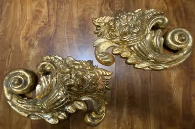Vintage Cornucopia CURTAIN TIE BACKS Ornate Gilt Metal Highly Embossed Floral