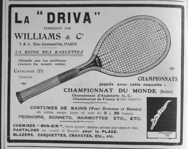 Publicité De Presse 1909 La Reine Des Raquettes De Tennis Driva Williams & C°