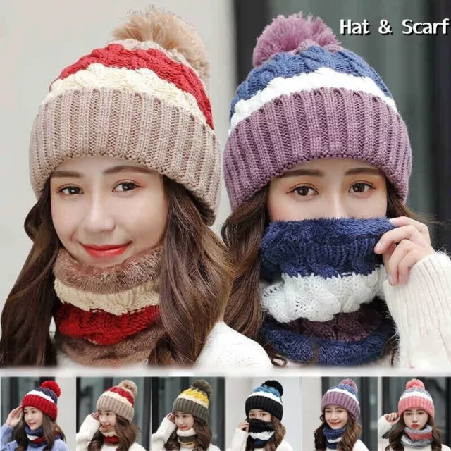 2Pcs/Set Winter Women Ladies Woollen Thick Knit Hat And Scarf Set knitted Cap UK