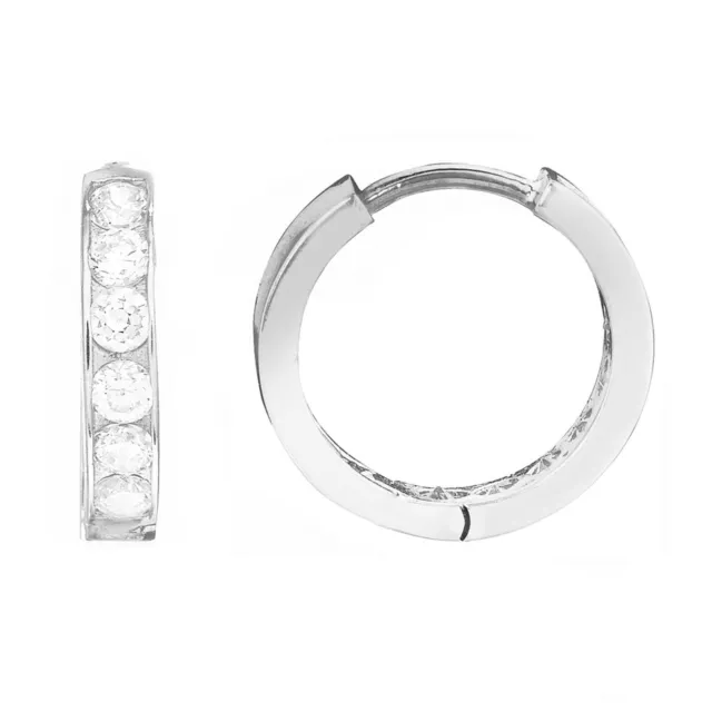 10K Real White Gold CZ Huggie Hoop Earrings 10 mm small