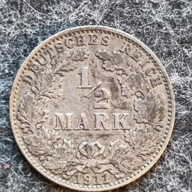 German Empire Small Shield 1/2 Mark 1911 J Rare Hamburg Mint Mark