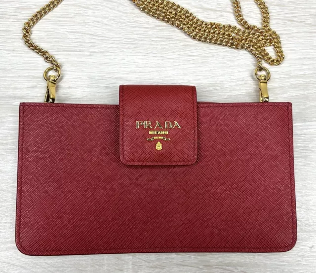 PRADA Metal Mini Chain Wallet Crossbody Fuoco Saffiano Leather Red