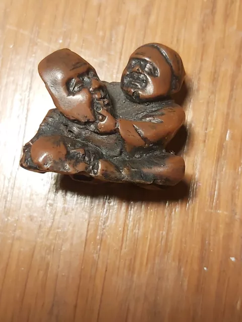 Vintage  Hand Carved Wood Netsuke Japanese Man with Boy Collectable Figure  3 cm