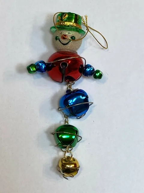 Snowman Metal Bells Colorful Christmas Tree Holiday Ornament Green Blue Red Gold