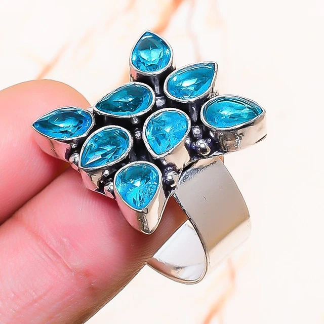 Swiss Blue Topaz Gemstone Handmade Gift Jewelry Ring Size 10.5 k210