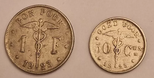 2 pièces de Belgique  1923,  50 Cen et  1 Franc