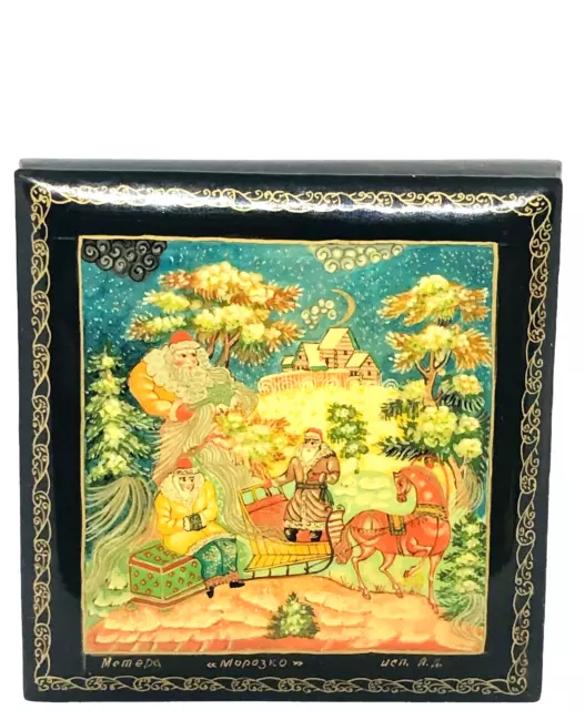 Russian Lacquer Trinket Box Signed Morozko Fairytale Father Frost Hinged Small