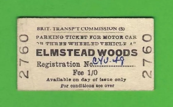 British Railways Ticket ~ BTC(S) Car Parking - Elmstead Woods - 1 Day 1/0 - 1961