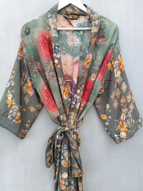 Bathrobe Party Wear Robe Long Sari Gown Indian Vintage Sari Silk Kimono, B-1438