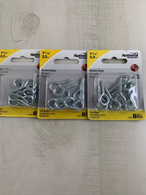 Lot Of 3 National Hardware N118-893 V2012 Screw Eyes in Zinc plated, 8 pack NEW