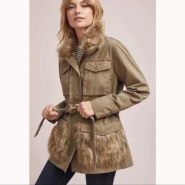 ANTHROPOLOGIE Faux Fur-Trimmed Field Parka Jacket Size Small NWT