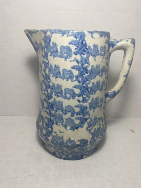 19th century spongeware pitcher with swell at bottom - see description