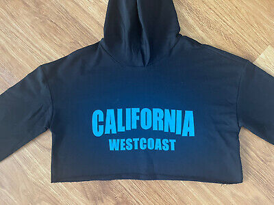 NUOVO senza etichetta mai indossato GIRL'S Nero/Blu RITAGLIATA Felpa Con Cappuccio "California West Coast" 10 Y 3